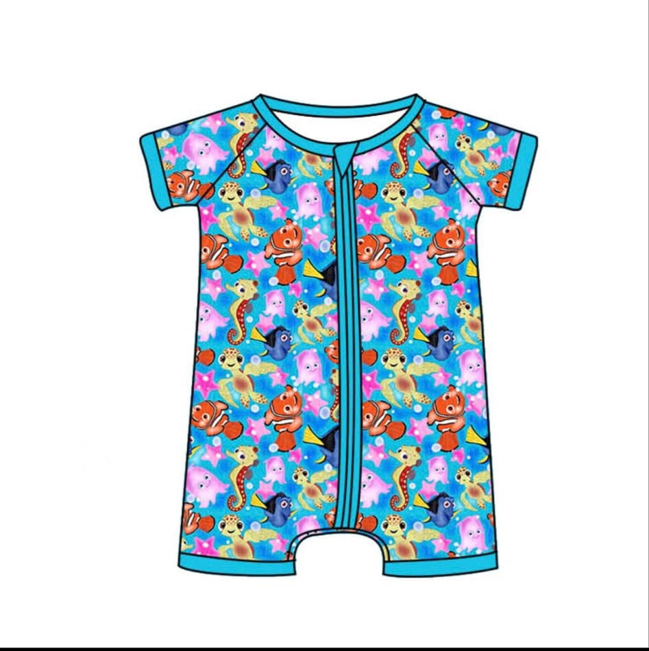 Baby Boys Blue Short Sleeves Cartoon Fishes Starsfishes Zipper Rompers Preorder