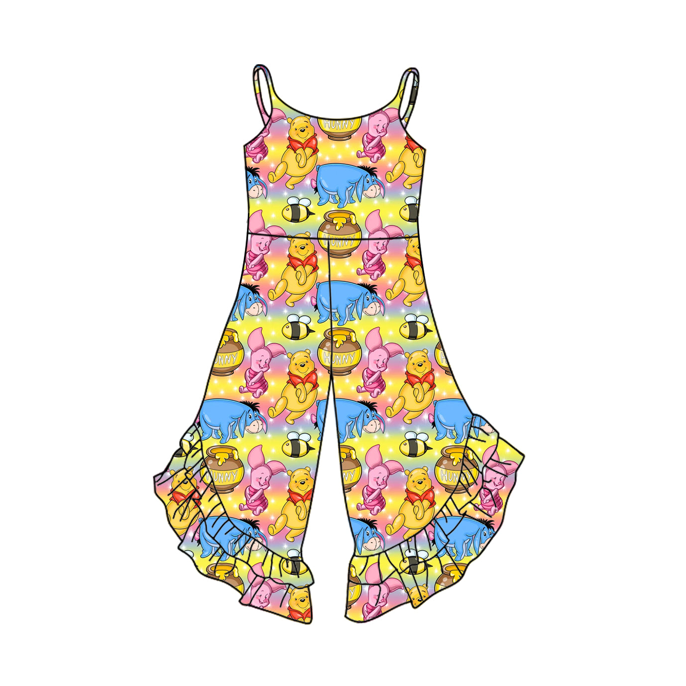 Baby Girls Yellow Strap Cartoon Bears Pigs Bell Bottom Ruffle Jumpsuits Preorder