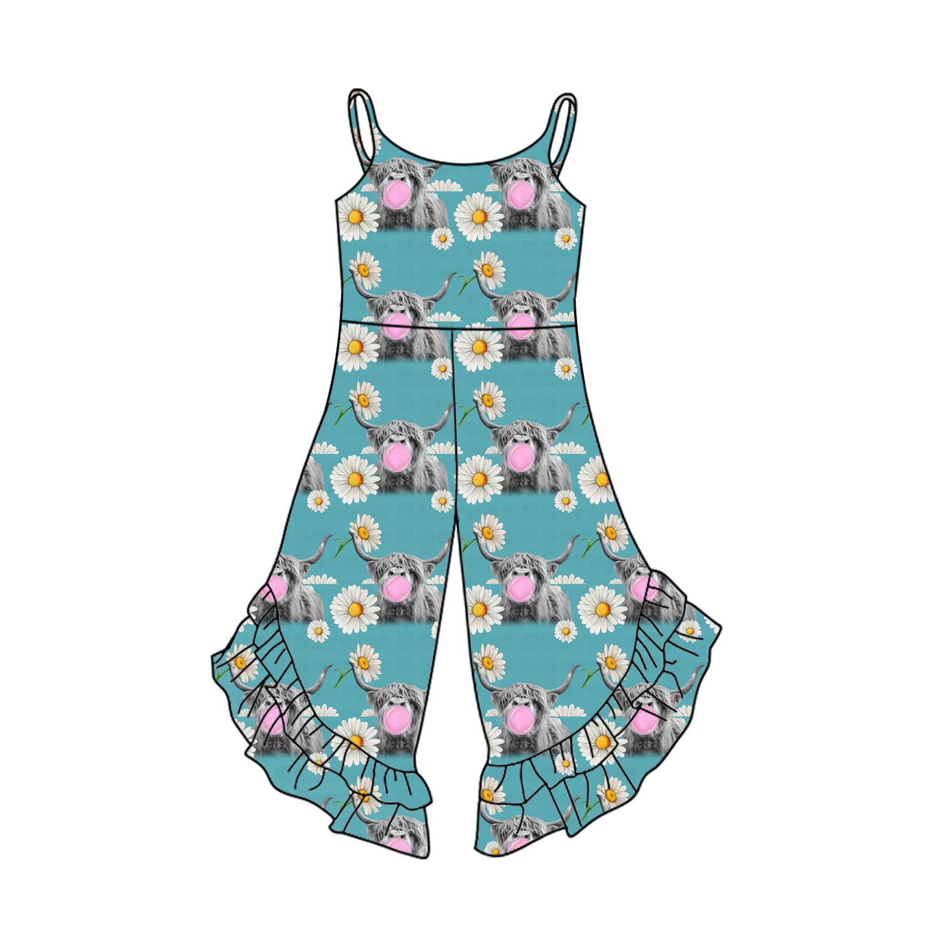 Baby Girls Aqua Strap Sunflowers Highland Cows Bell Bottom Ruffle Jumpsuits Preorder