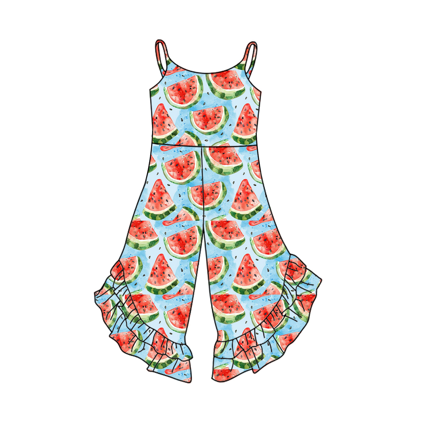 Baby Girls Blue Strap Watermelons Bell Bottom Ruffle Jumpsuits Preorder