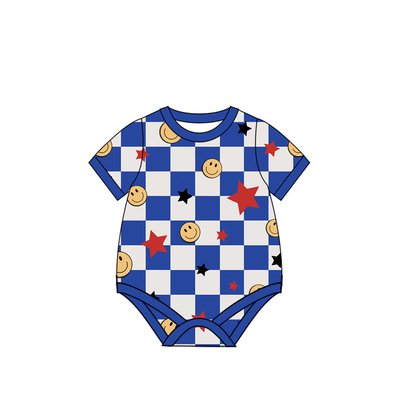 Baby Boys Hot Blue Short Sleeves Plaid Stars Smiles Rompers Preorder