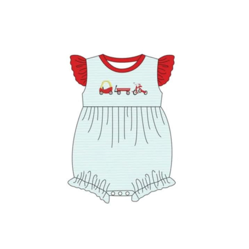 Baby Girls Red Flutter Sleeves Fire Trucks Stripe Rompers Preorder