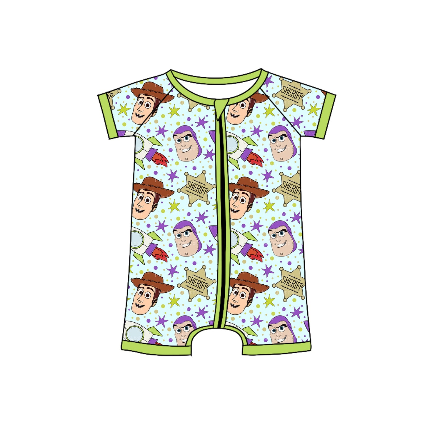 Baby Boys Aqua Short Sleeves Cartoon Men Stars Zipper Rompers Preorder