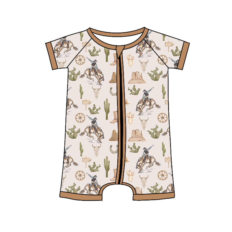 Baby Boys Khaki Short Sleeves Cactus Horse Rodeos Western Zipper Rompers Preorder