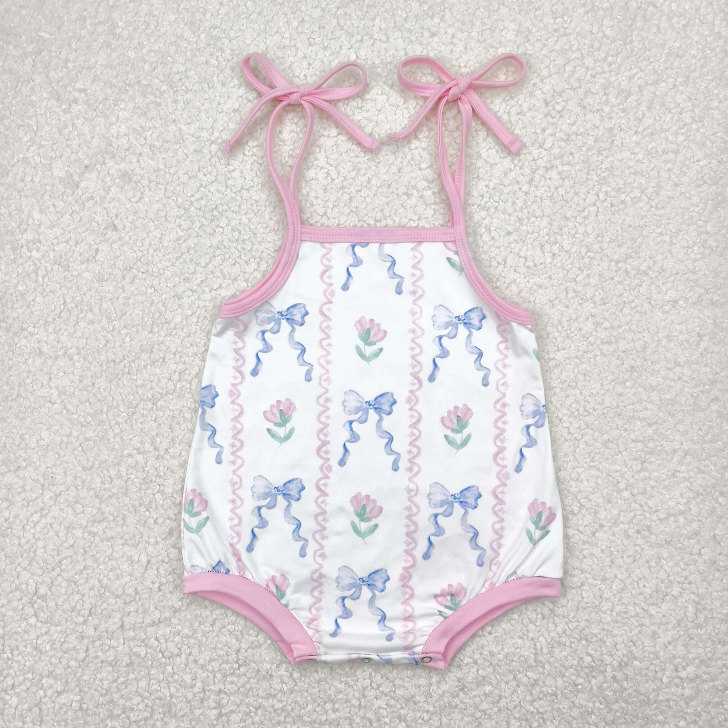 Baby Girls Pink Strap Blue Bows Stripe Bummies Rompers