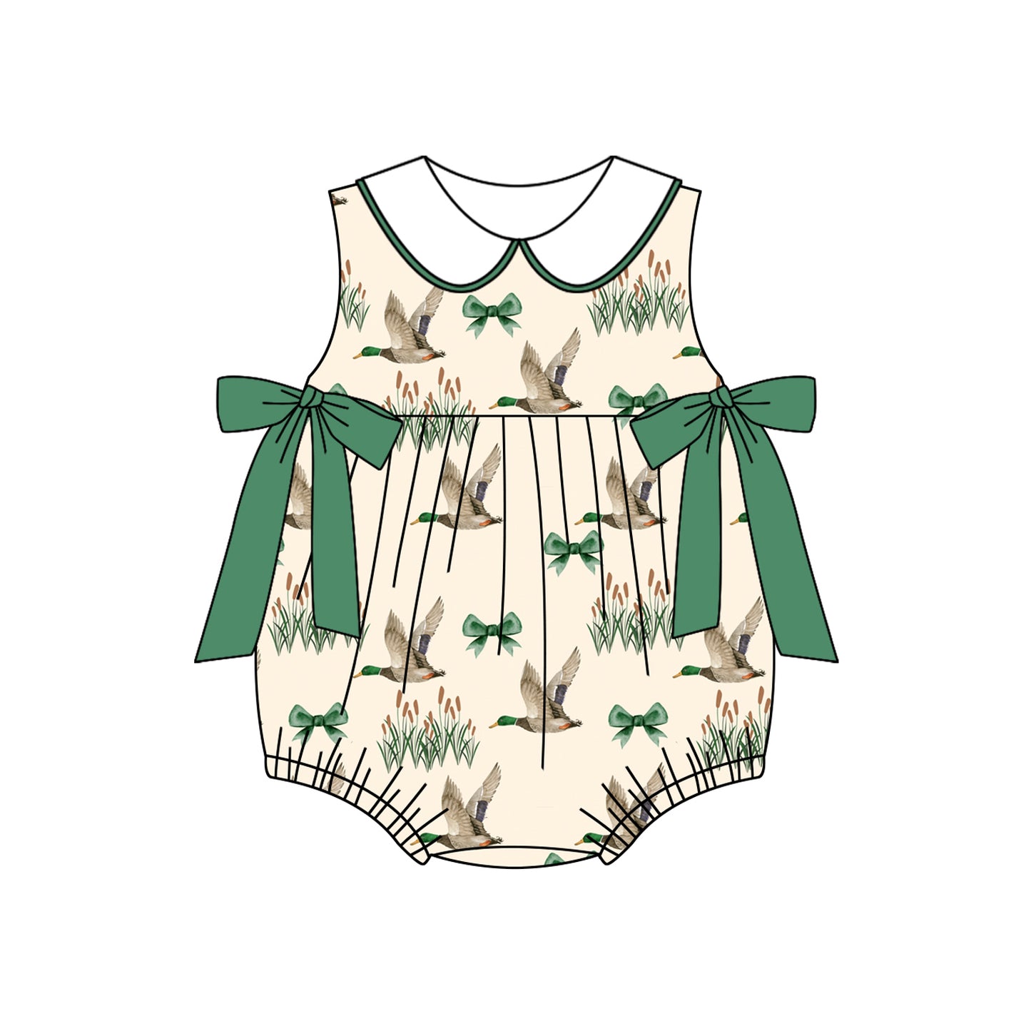 Baby Girls Khaki Sleeveless Green Ducks Bows Rompers Preorder