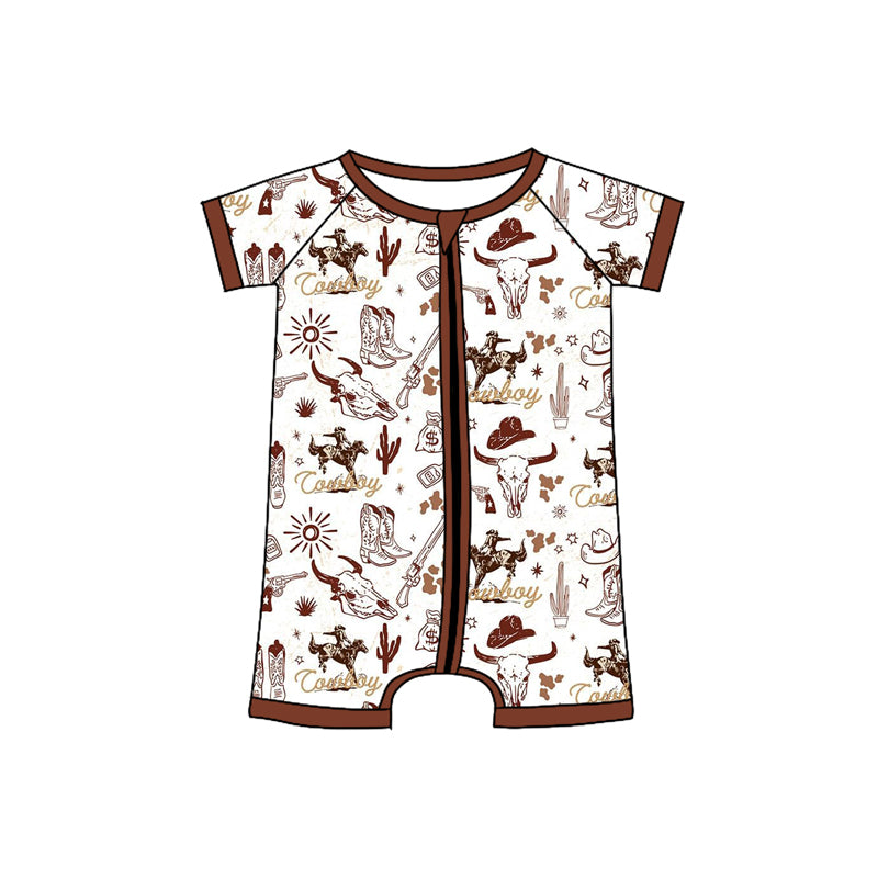 Baby Boys Brown Short Sleeves Horse Rodeos Western Zipper Rompers Preorder