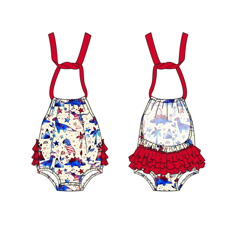 Baby Girls Red Strap Blue Dinosaurs Stars 4th Of July Rompers Preorder