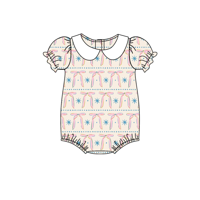 Baby Girls Peach Short Ruffle Sleeves Bows Stars Rompers Preorder