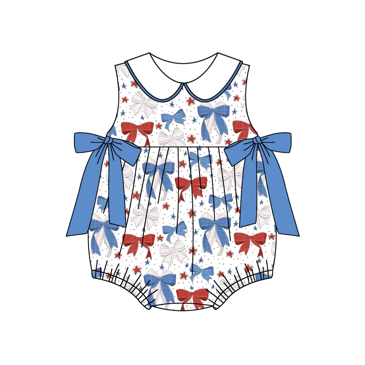 Baby Girls Sleeveless Blue Red Bows Baseballs 4th Of July Rompers Preorder