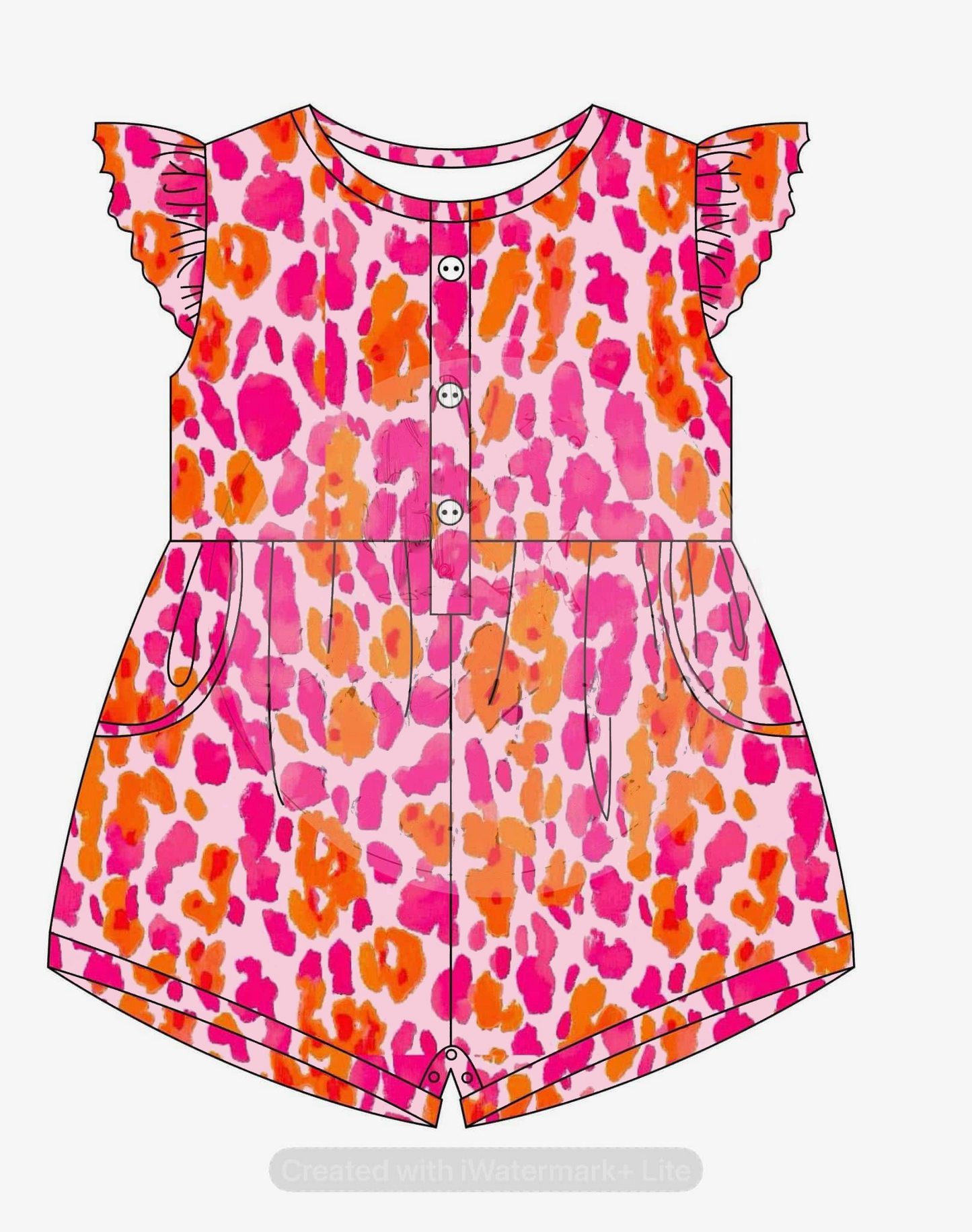 Baby Girls Pink Flutter Sleeves Colorful Leopard Button Down Pockets Jumpsuits Preorder