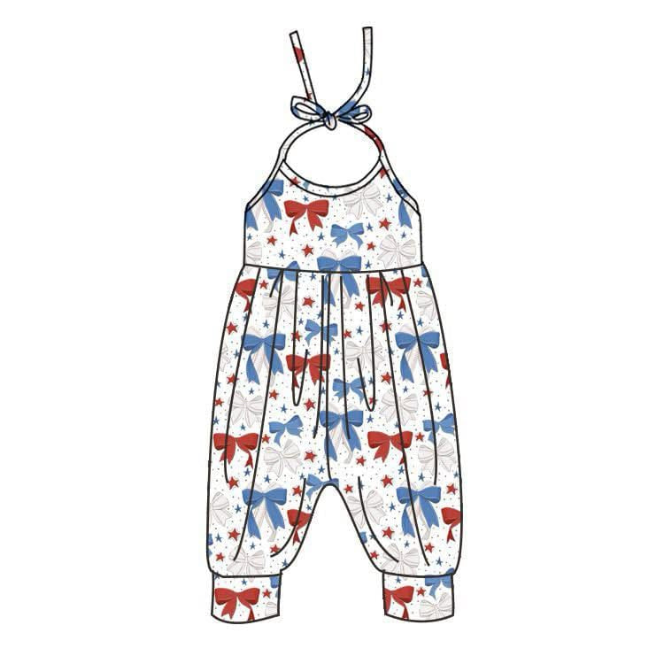 Baby Girls Strap Blue Red Bows Stars 4th Of July Jumpsuits Preorder