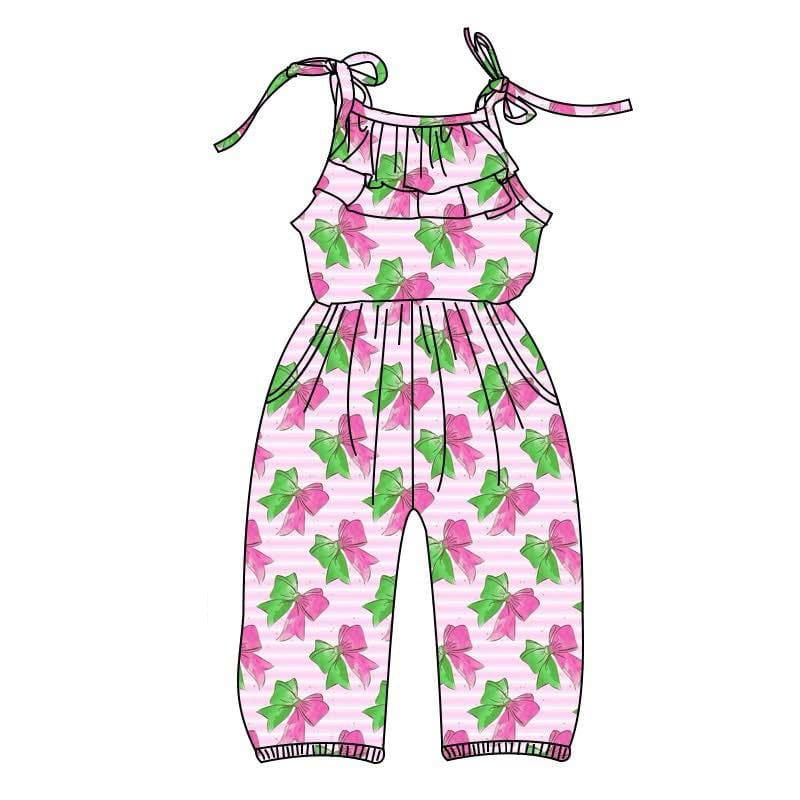 Baby Girls Pink Stripe Strap Green Pink Bows Pockets Jumpsuits Preorder
