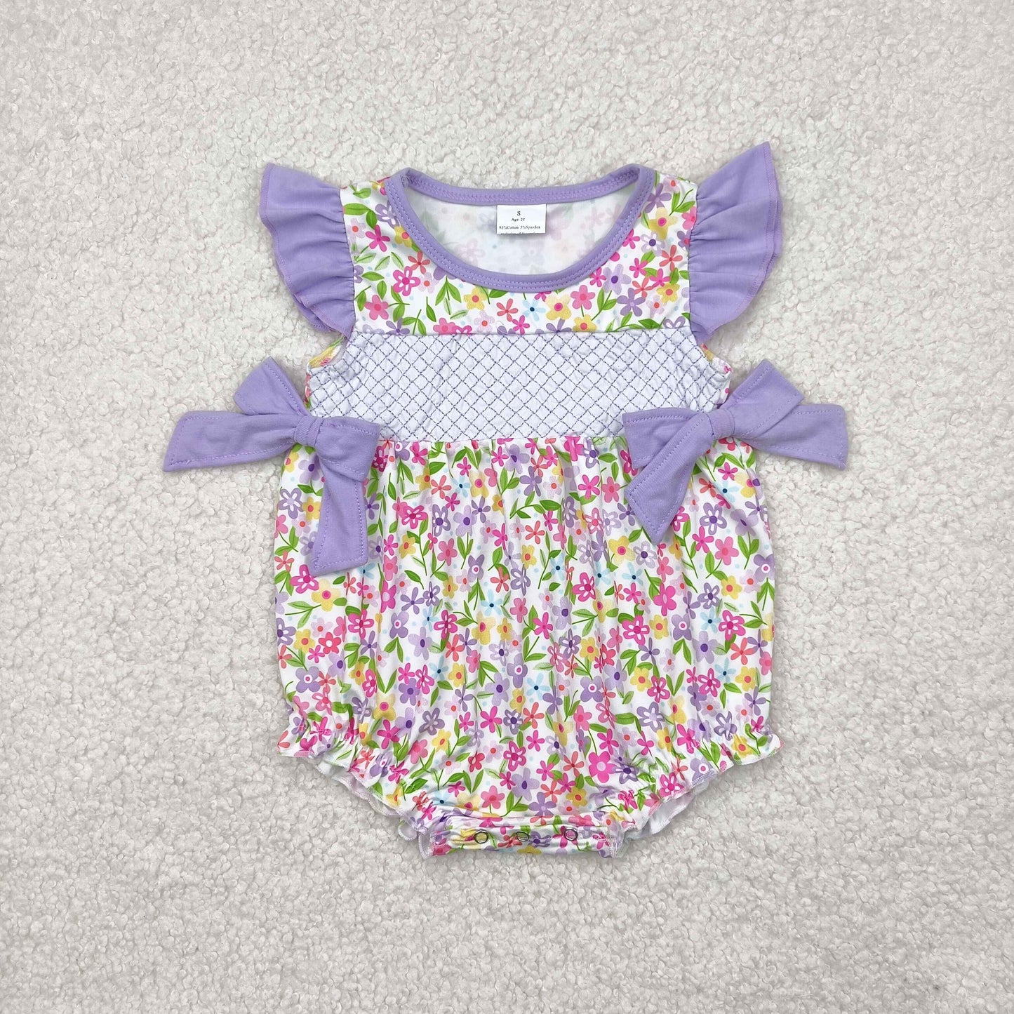 SR2958 Newborn Baby Girls Floral Purple Bow Romper