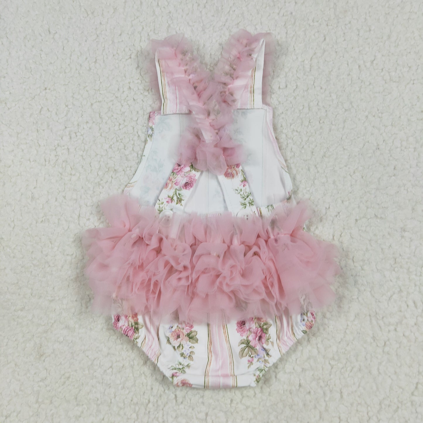 Baby Infant Girls Pink Tulle Strap Floral Stripe Ruffle Rompers