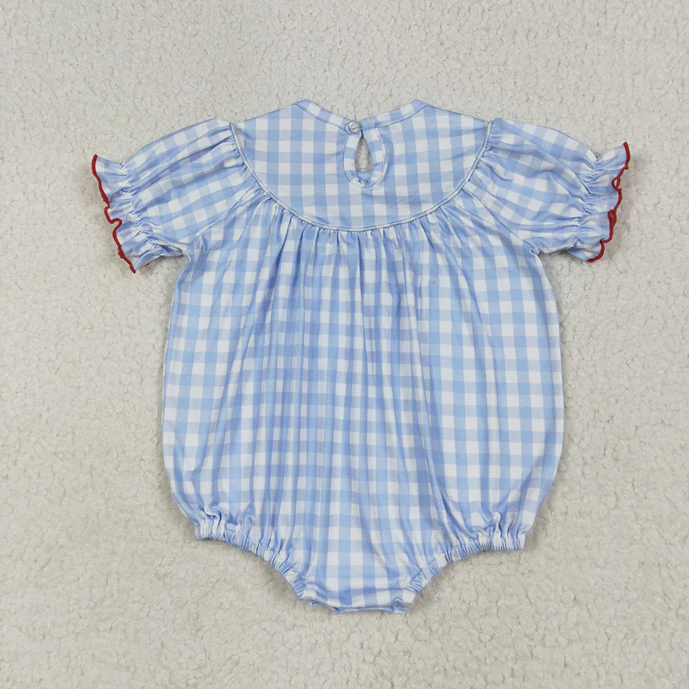 Sibling Baby Girls Blue Plaid Farm Friends Smocked Rompers Dresses