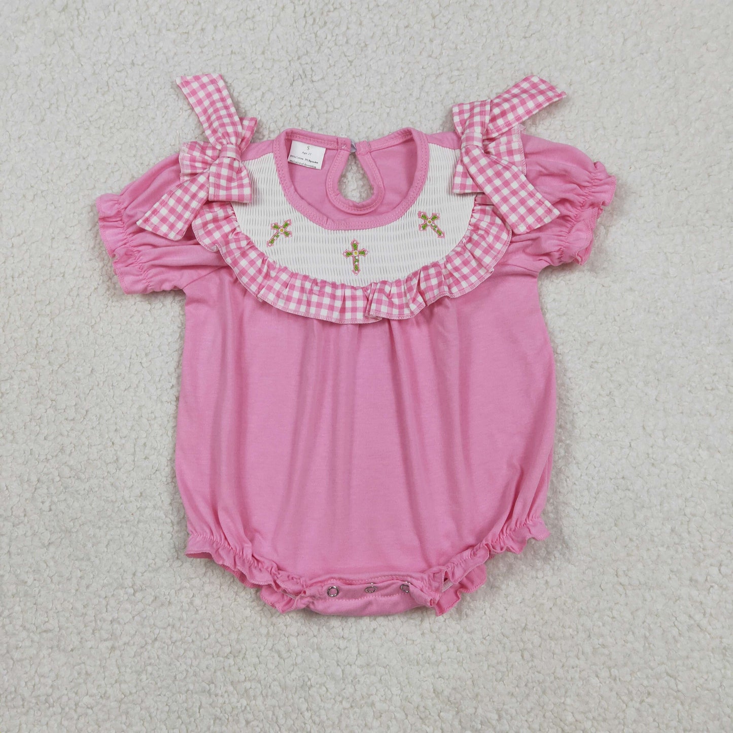 Sibling Baby Girls Embroidery Corss Pink Smocked Dress/Bubble Romper