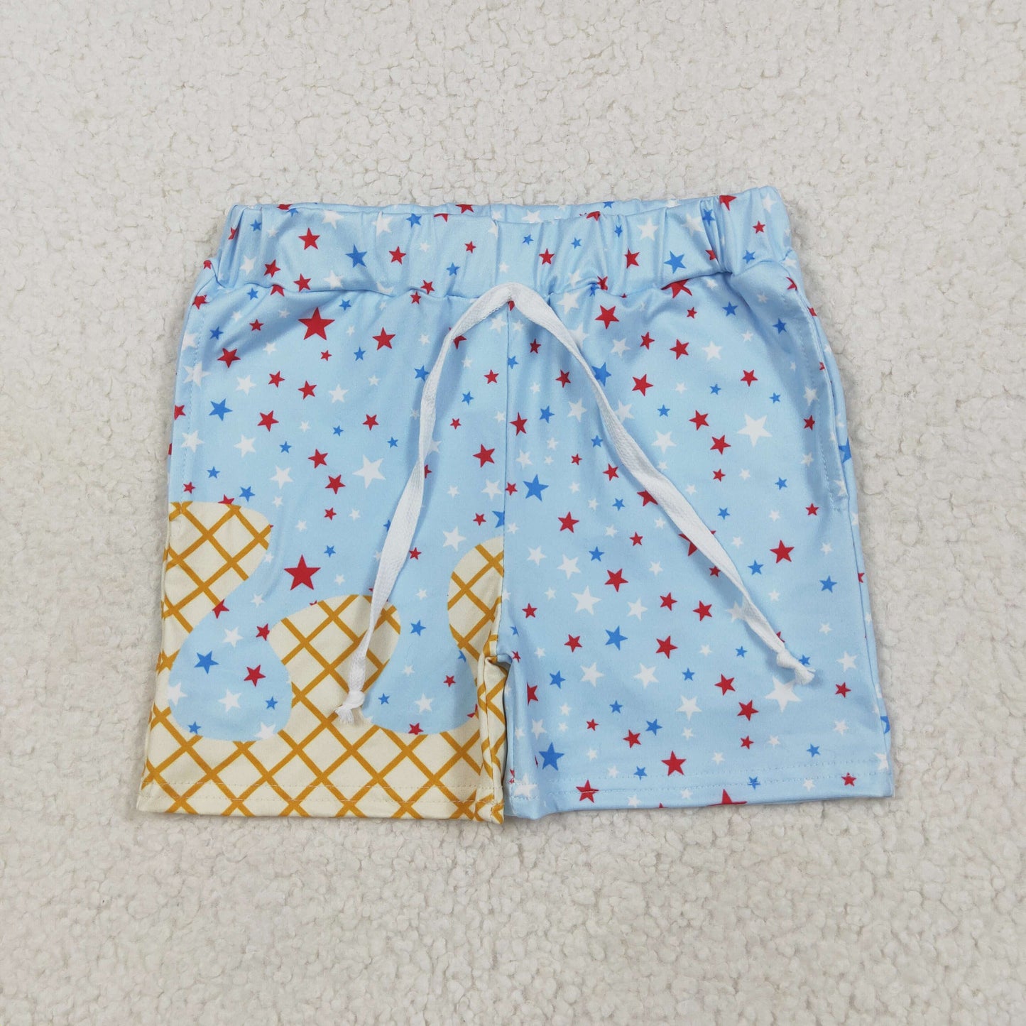 SS0610 Kids Boys Red Stars Blue Ice Cream Drip Shorts With Pocket