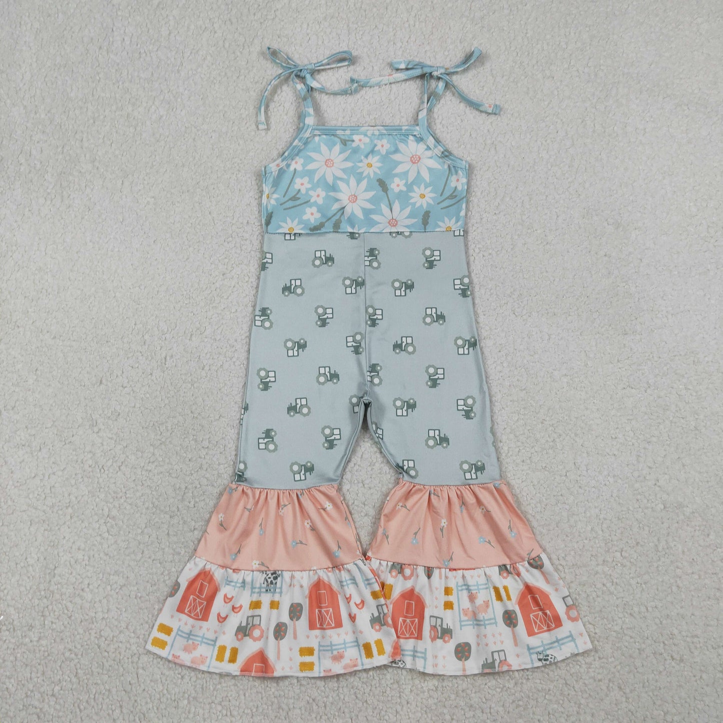 SR3587 Baby Girls Tractors Flowers Strap Jumpsuit