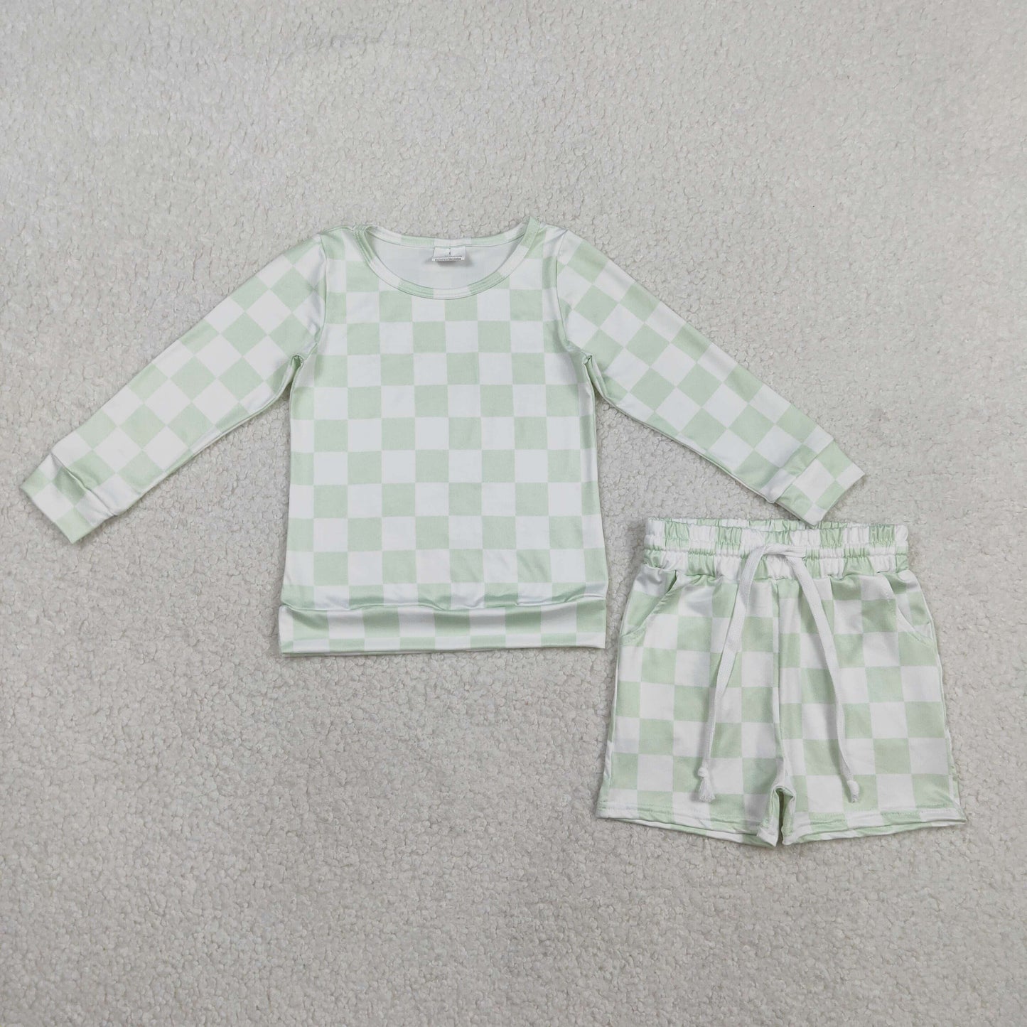 GLS0086 Baby Girls Green Checked Long Sleeve Top With Shorts Set