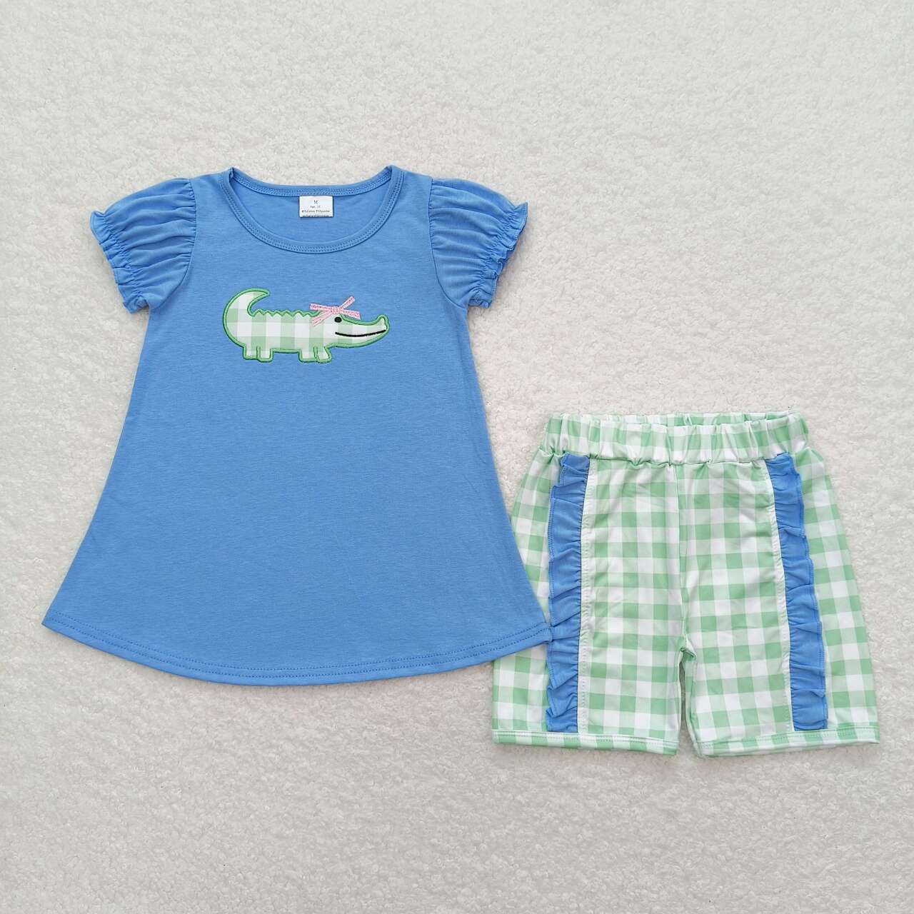 Kids Girls Embroidery Crocodile Green Gingham Shorts Set