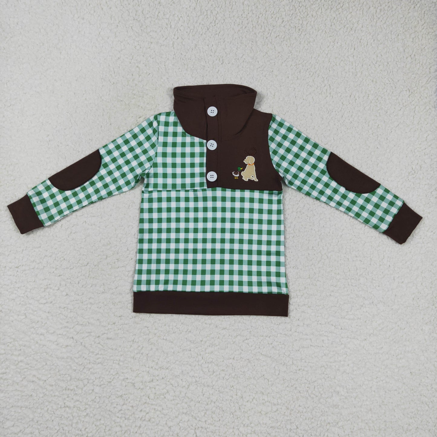 Baby Boys Brown Green Plaid Long Sleeves Embroidery Duck Dog Polo Shirt Top