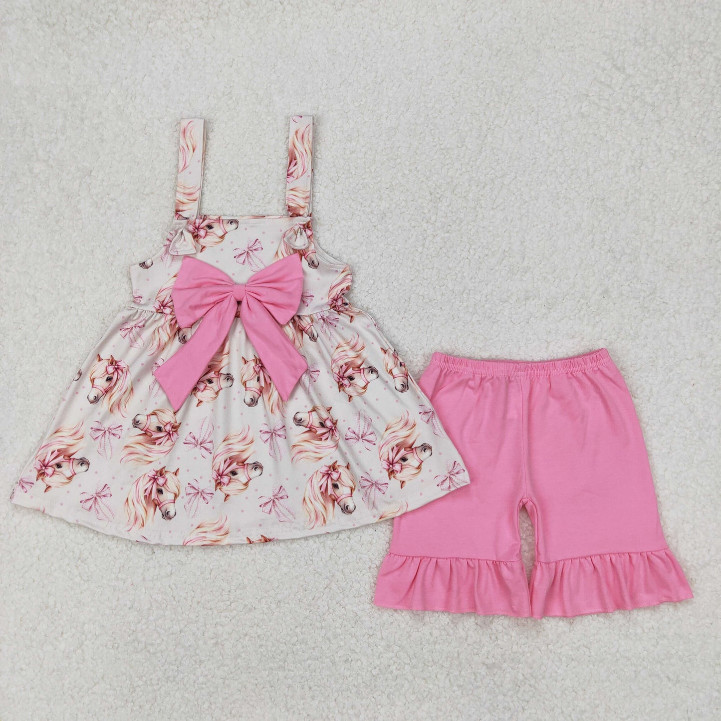 Baby Girls Peach Strap Bows Horses Tunic Ruffle Short Set