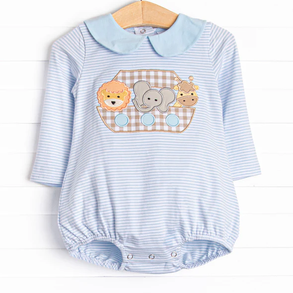 Baby Boys Blue Stripe Elephant Lion Long Sleeve Ruffle Rompers Preorder 5 MOQ