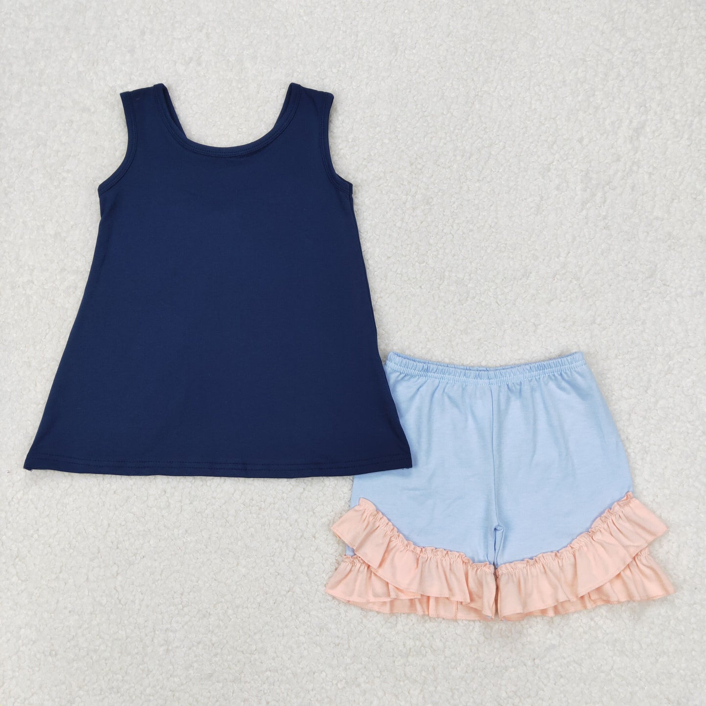 Baby Girls Navy Sleeveles Backless Pink Bow Tunic Blue Ruffle Short Set