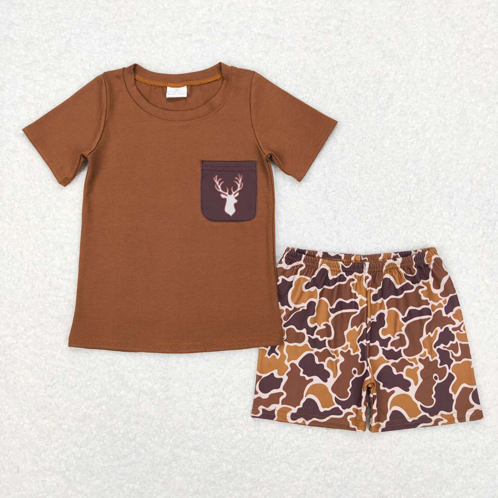 Baby Boys Brown Short Sleeves Deer Pocket Top Camo Short Western Set