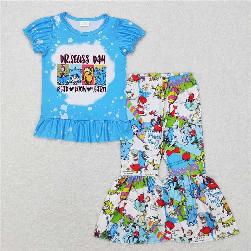 Baby Girls Blue Short Ruffle Sleeves Dr Reading Top Bell Bottom Pant Set