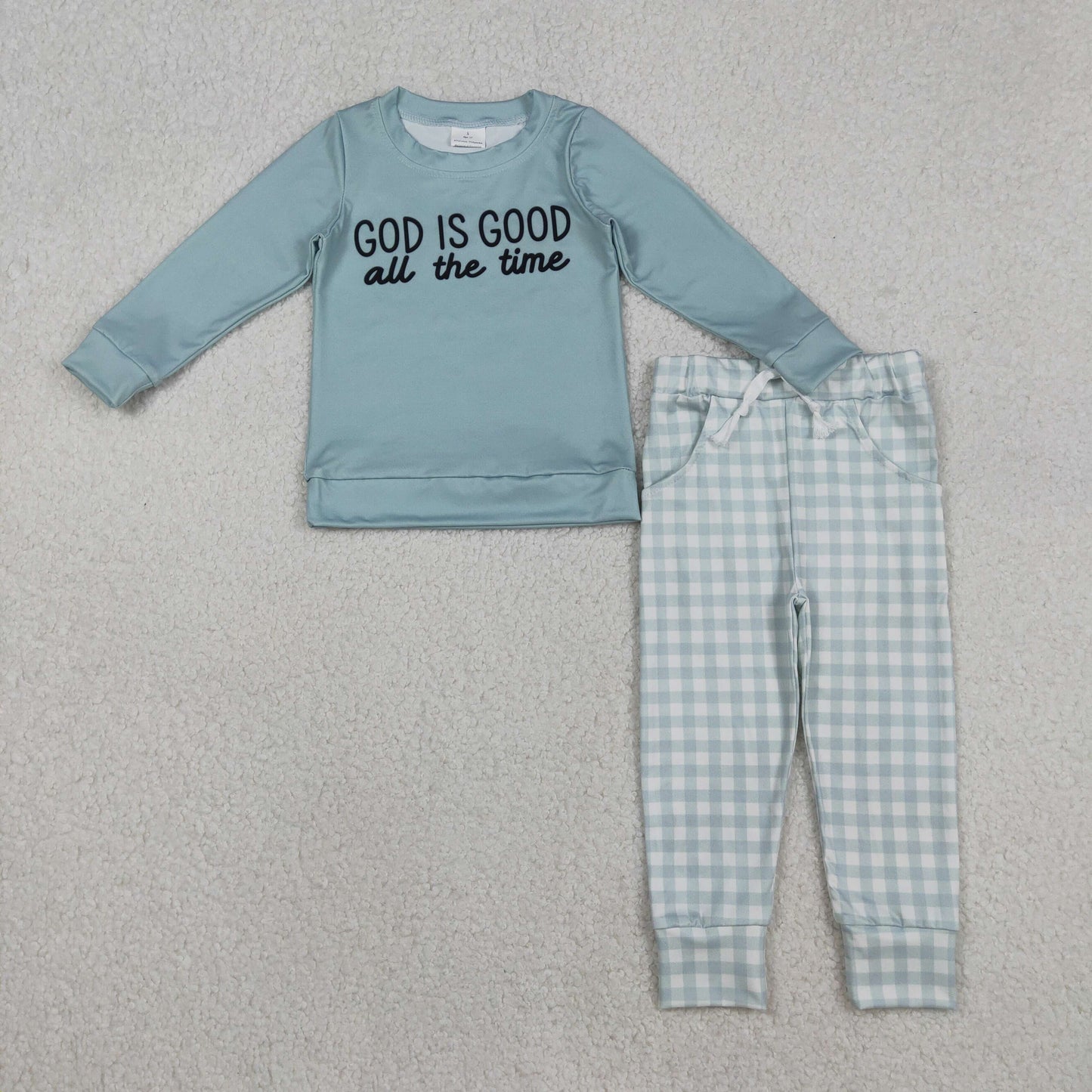 BLP1345 God Is Good all The Time Boys Gingham Jogger Set