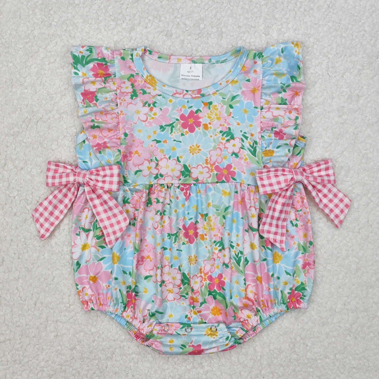 Baby Girls Ruffle Sleeveless Pink Plaid Bows Floral Rompers