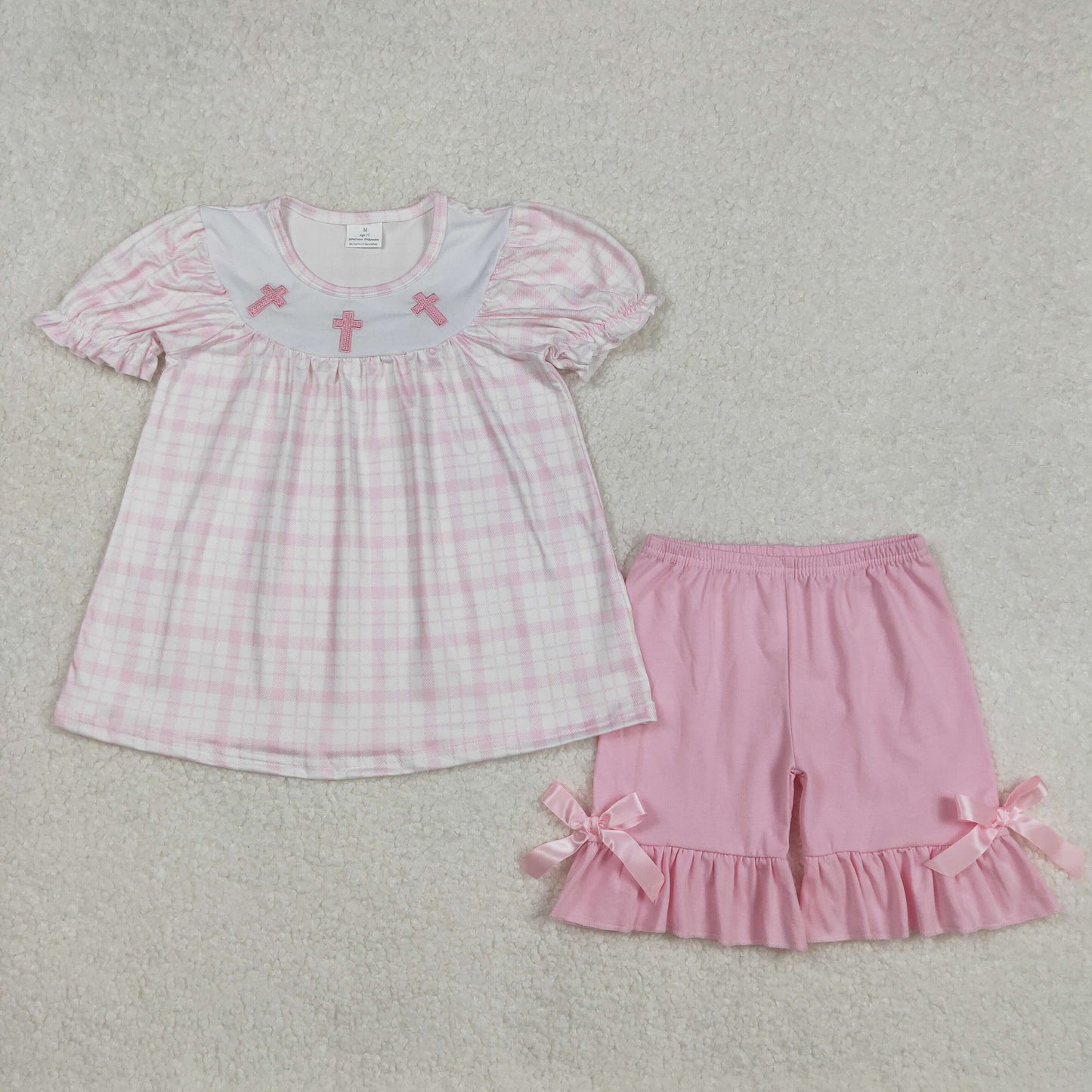 Baby Girls Pink Plaid Short Ruffle Sleeves Embroidery Cross Tunic Short Easter Set