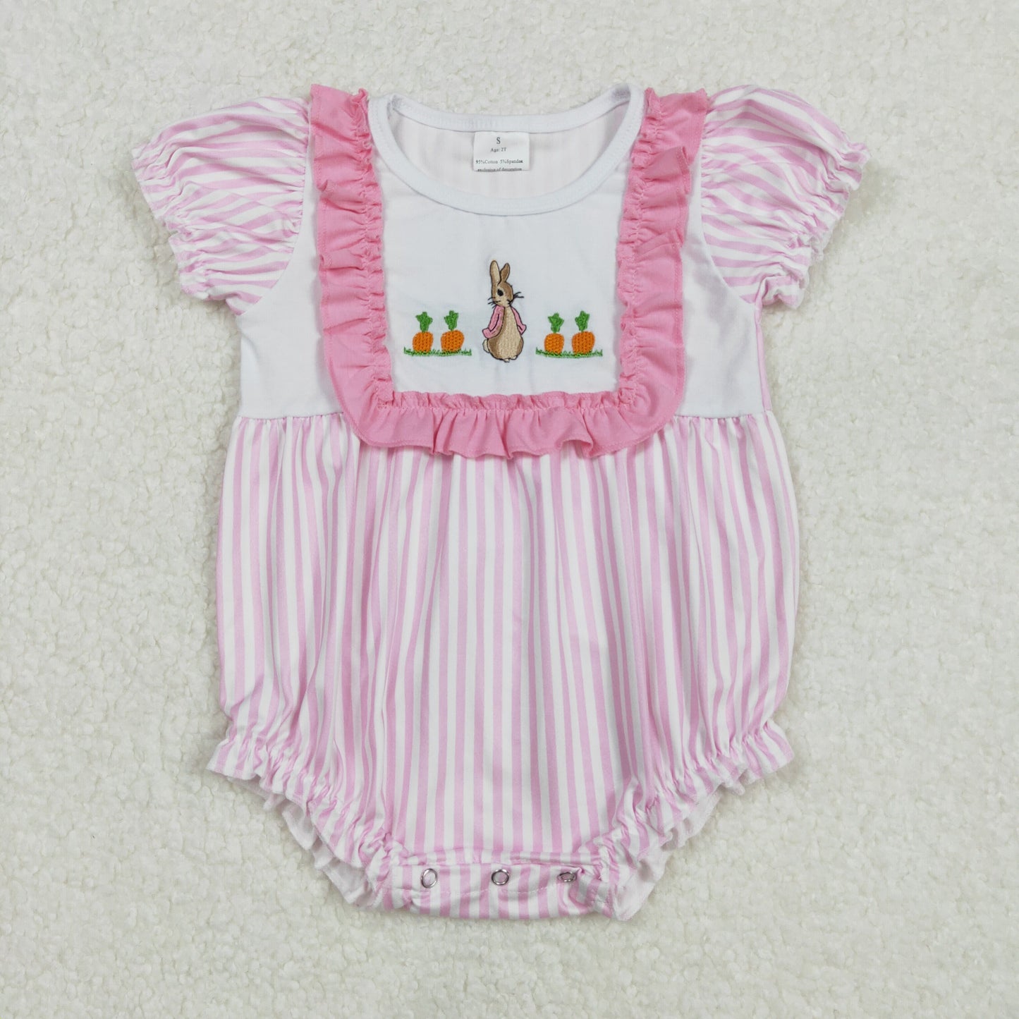 Baby Girls Pink Stripe Embroidery Bunny Carrots Easter Romper