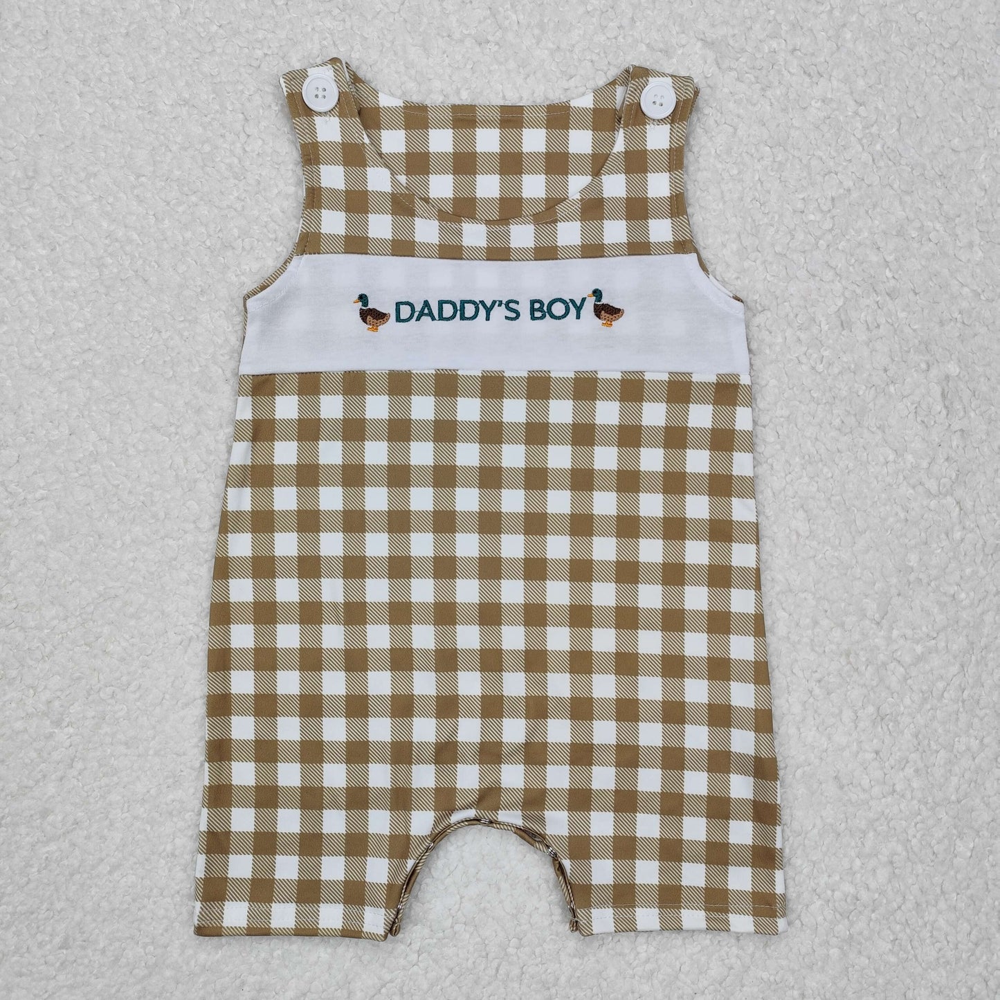 Baby Boys Sleeveless Khaki Plaid Embroidery Daddy's Boy Ducks Rompers