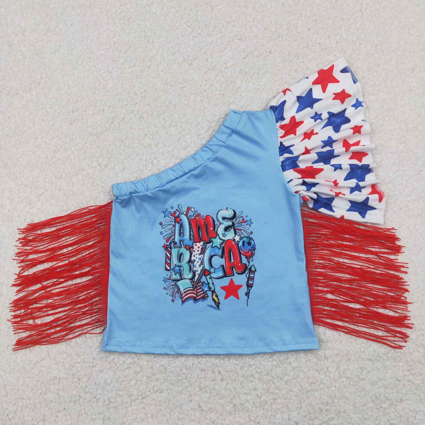 Baby Girls One Bell Shoulder Sleeves Red Tassel 4th Of July Shirts Top