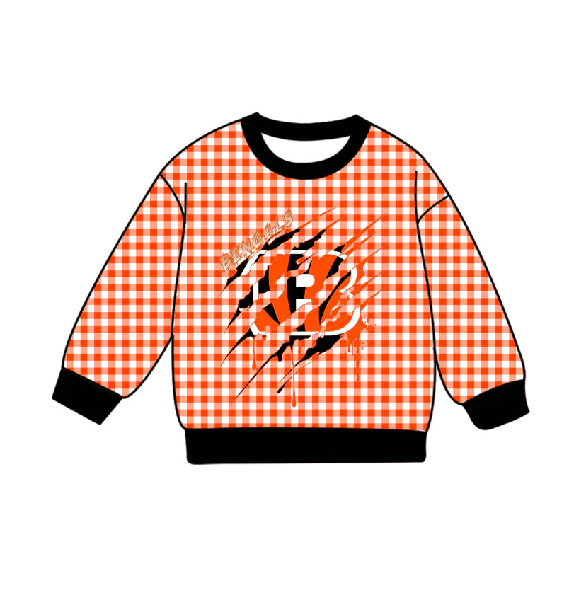 Preorder , 5 MOQ Baby Girls Sport Team Tiger Orange Gingham Long Sleeve Top