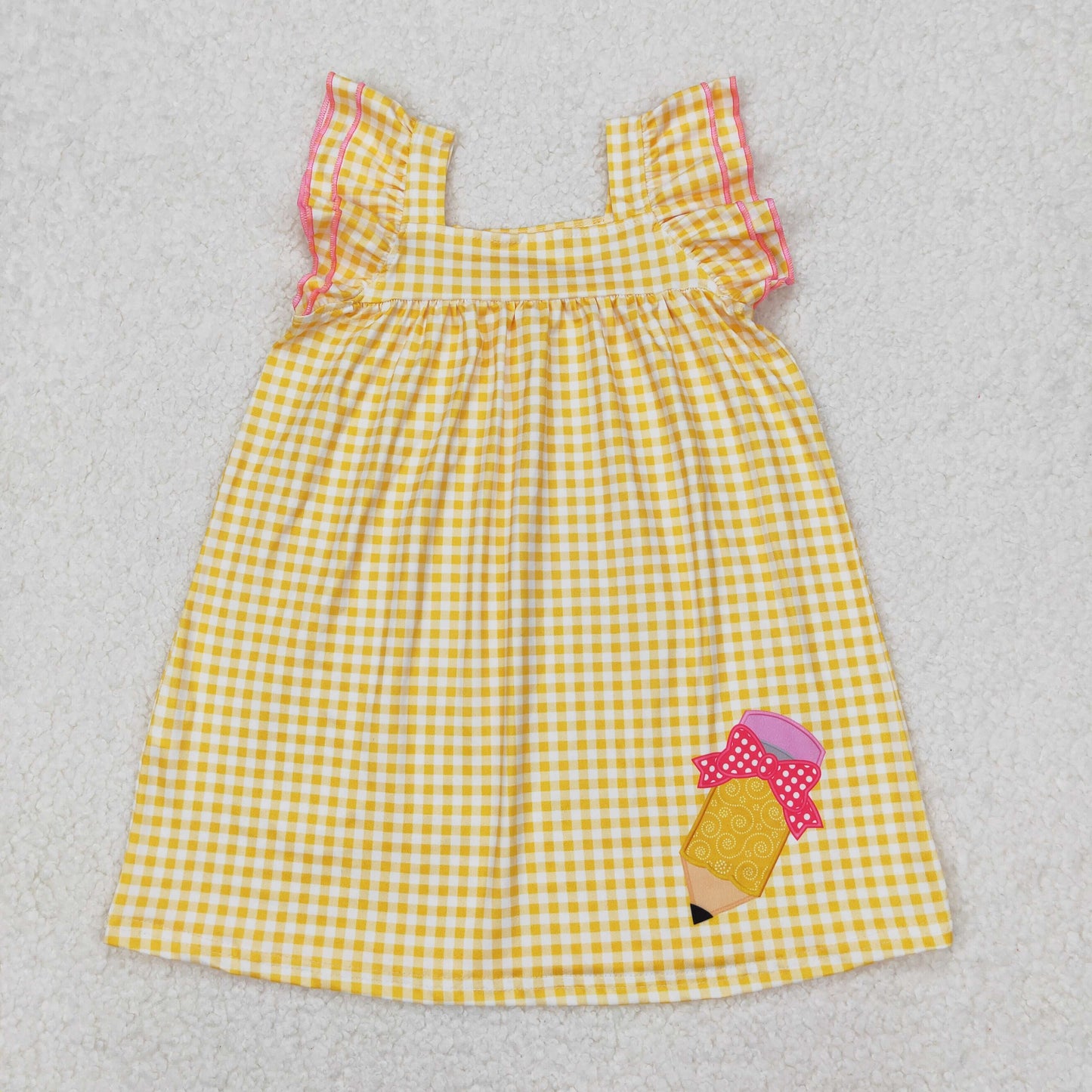 Baby Girls Yellow Plaid Flutter Sleeves Embroidery Bow Pencil Dress