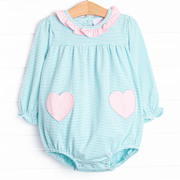 Baby Girls Long Ruffle Sleeve Aqua Stripe Pink Hearts Pocket Rompers Preorder 5 MOQ