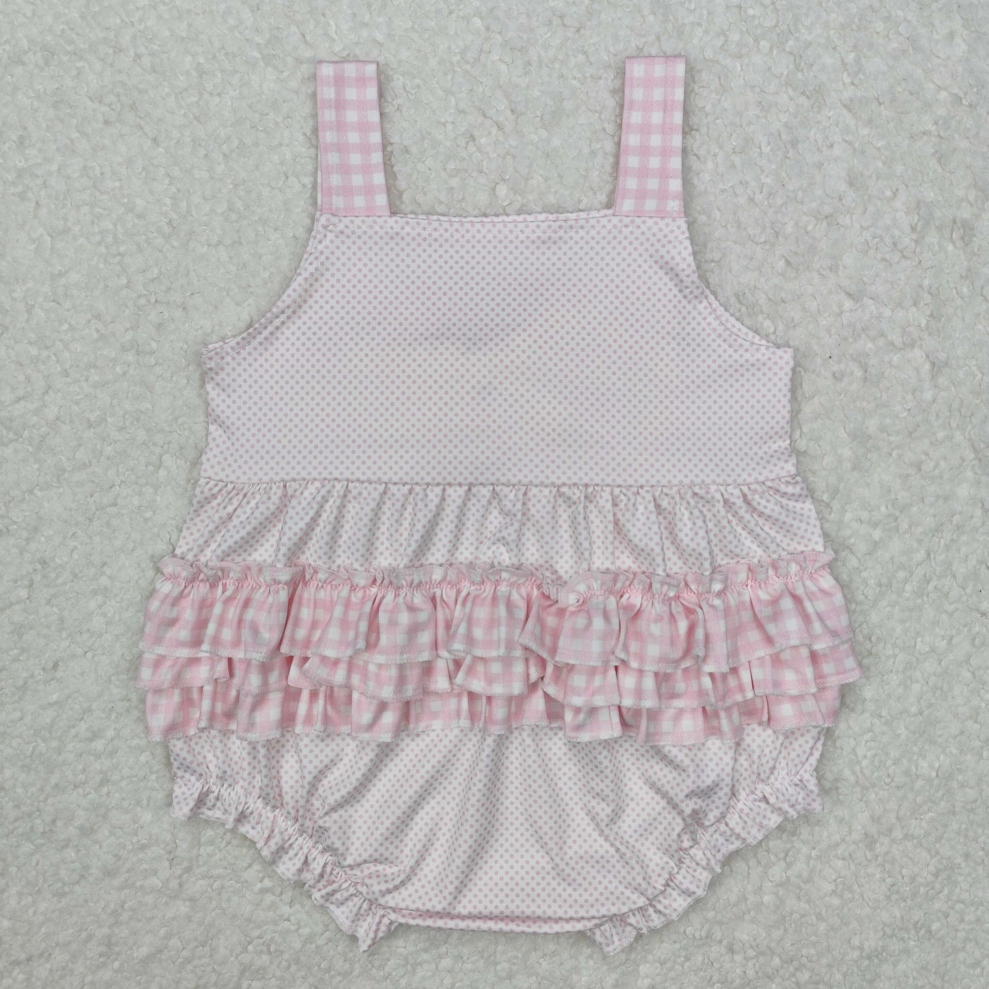 Baby Girls Pink Plaid Strap Polka Dots Backless Ruffle Valentines Romper