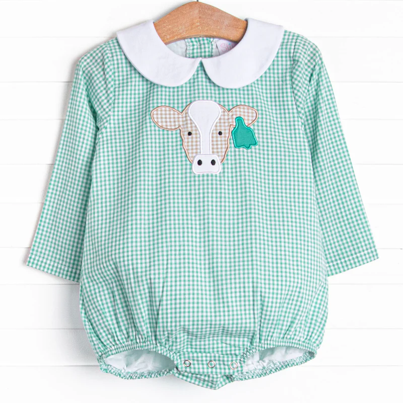 Baby Girls Cow Green Gingham Romper 5 MOQ Preorder