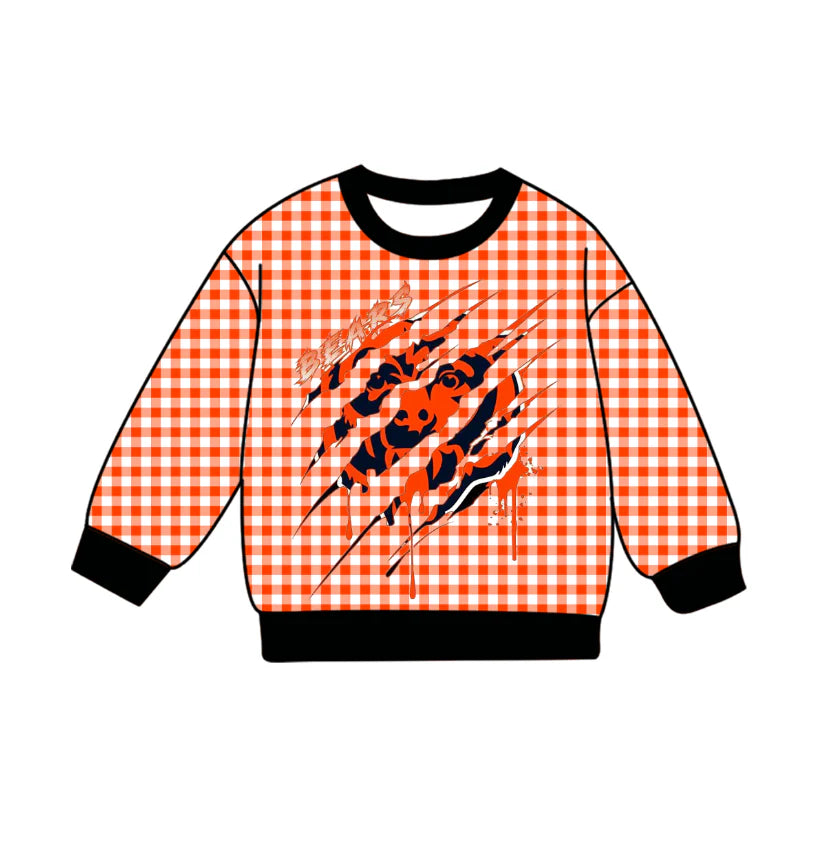 Preorder , 5 MOQ Baby Girls Sport Team Tiger Orange Gingham Long Sleeve Top