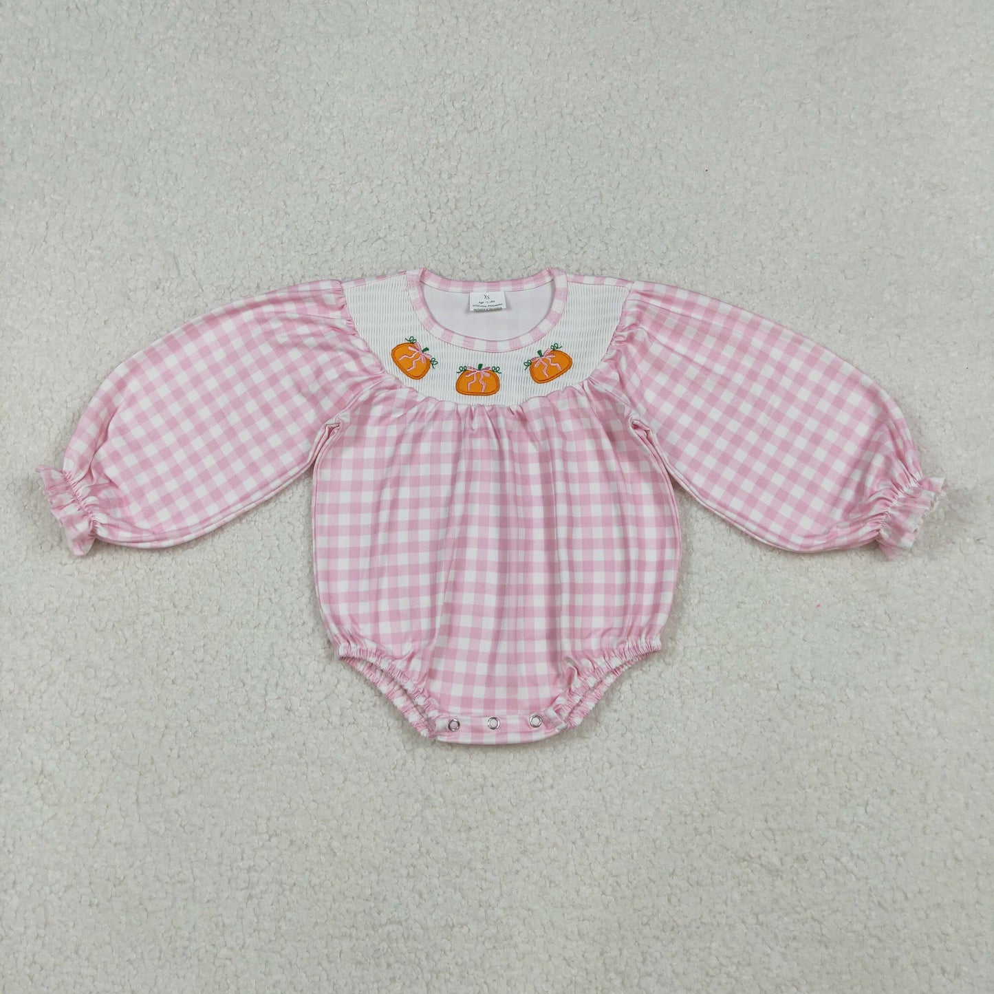 LR2181 Baby Girls Pumpkin Pink Gingham Long Sleeve Romper
