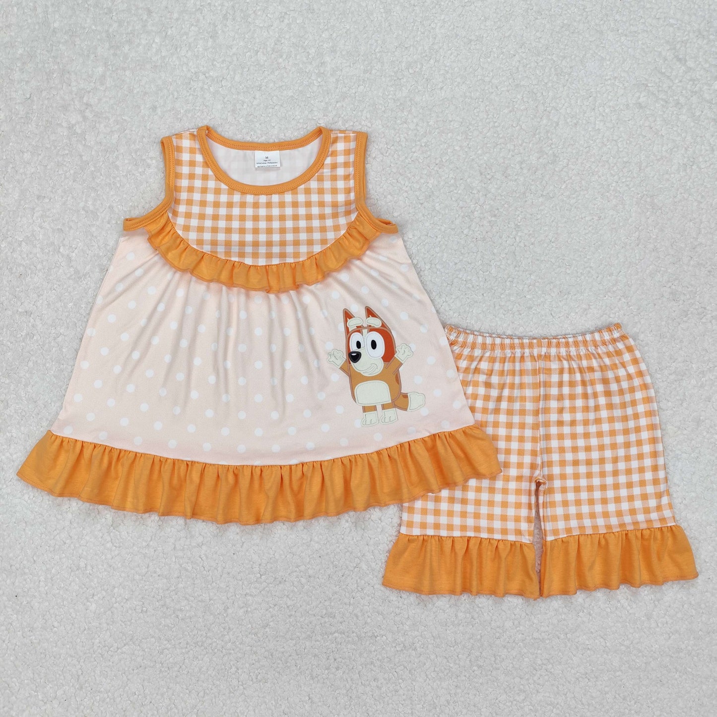 Baby Girls Yellow Sleeveless Plaid Polka Dots Cartoon Dogs Tunic Ruffle Short Set