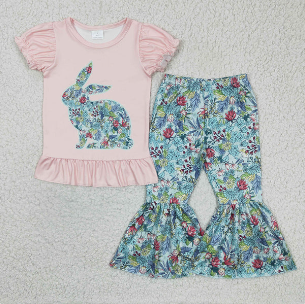 Baby Girls Pink Short Ruffle Sleeves Green Floral Bunny Top Bell Bottom Pant Easter Set