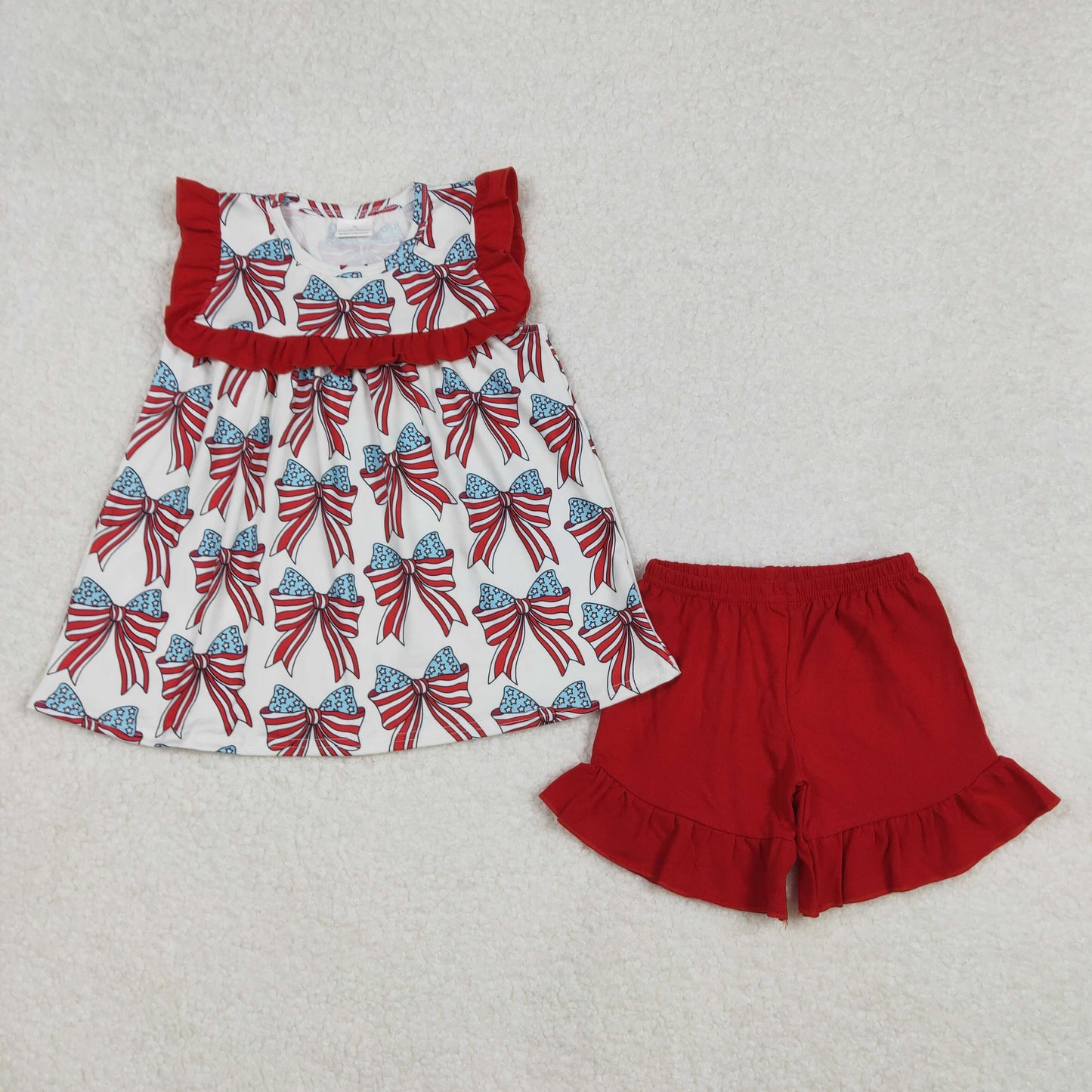 Baby Girls Red Ruffle Sleeves Blue Bows Tunic Ruffle Shorts 4th Of July Set