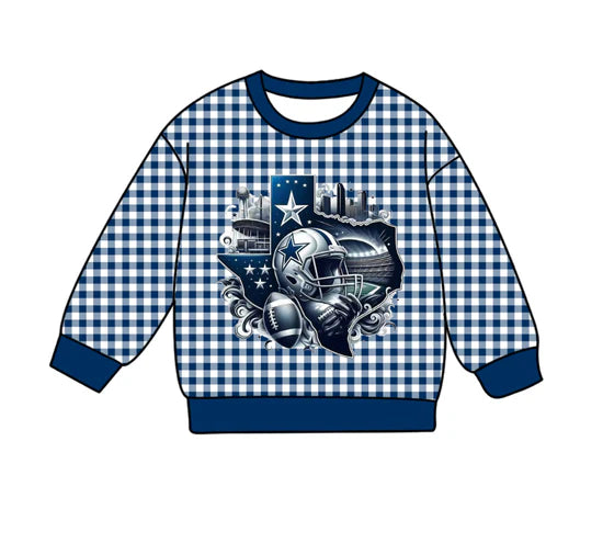 Preorder , 5 MOQ Baby Girls Sport Team Cowboy Blue GIngham Long Sleeve Top
