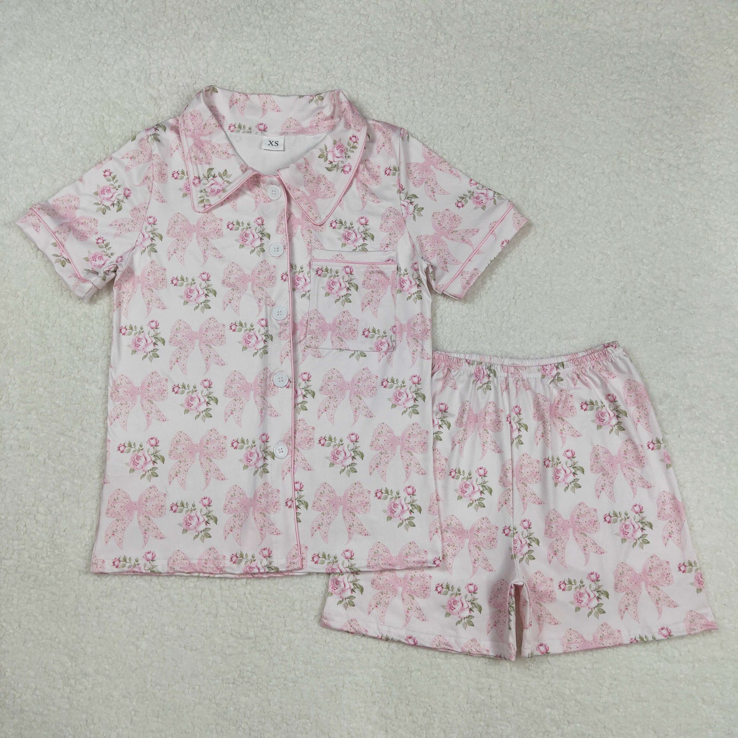 Adult Women Pink Button Down Bows Floral Print Top Shorts Mama Valentines Pajamas Set