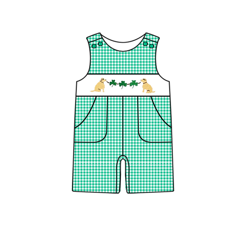 Baby Boys Sleeveless Aqua Plaid Clovers Dogs Print St Patrick Romper Preorder